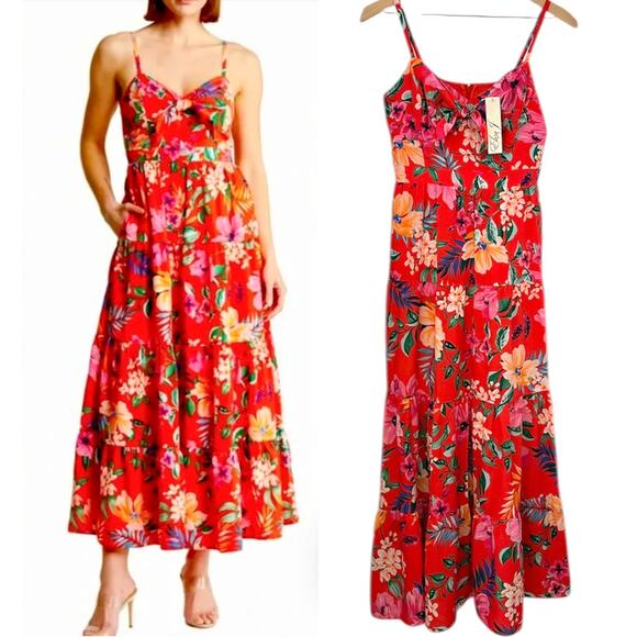 ELIZA J Nordstrom NWT Tropical Hawaiian Floral Red & Pink Maxi Sun Dress Size 6 - Picture 8 of 8